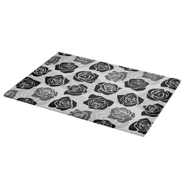 Modern Black Gray White Rose Flower Pattern Cutting Board (Corner)
