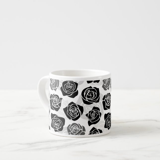 Modern Black Gray White Rose Flower Pattern Espresso Cup (Front Left)
