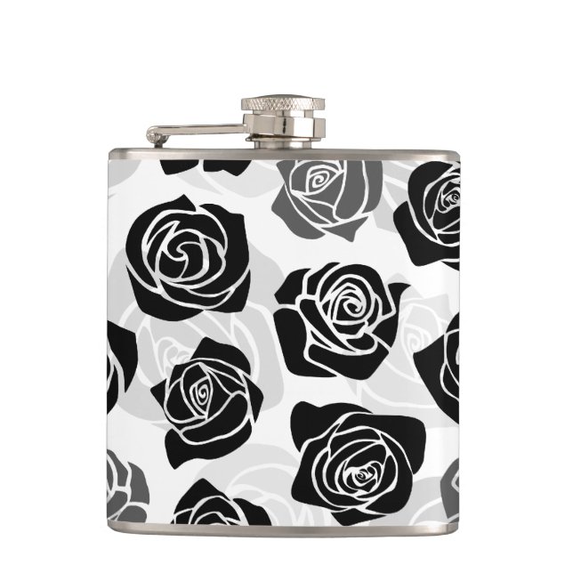 Modern Black Gray White Rose Flower Pattern Hip Flask (Front)