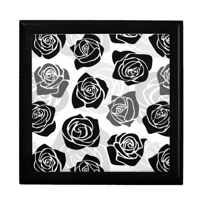 Modern Black Gray White Rose Flower Pattern Jewelry Box (Front)