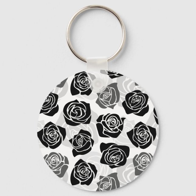 Modern Black Gray White Rose Flower Pattern Keychain (Front)