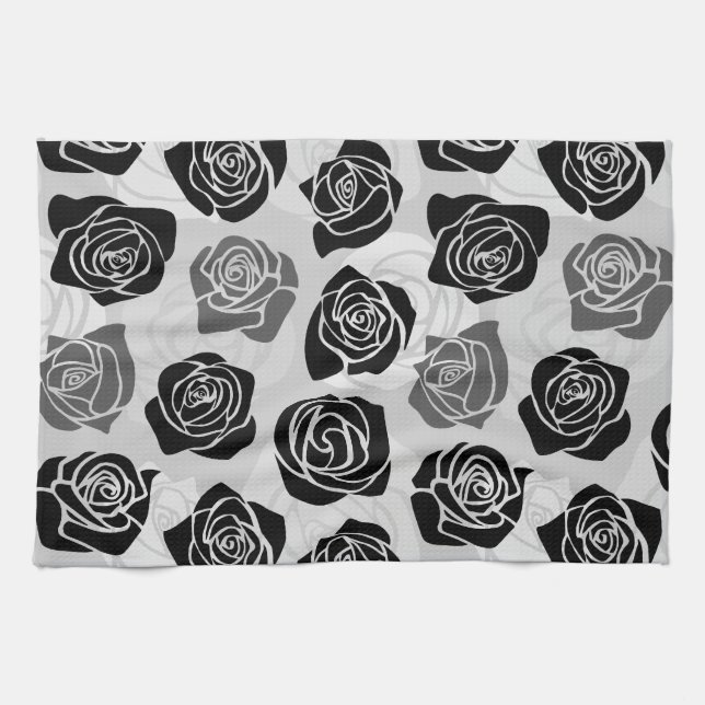 Modern Black Gray White Rose Flower Pattern Kitchen Towel (Horizontal)