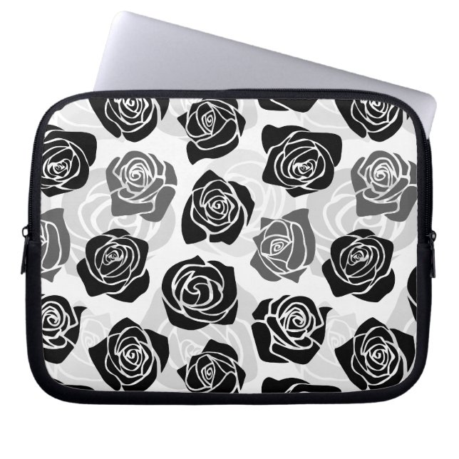 Modern Black Gray White Rose Flower Pattern Laptop Sleeve (Front)
