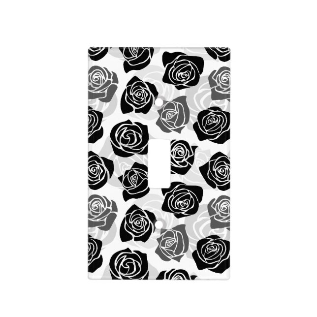 Modern Black Gray White Rose Flower Pattern Light Switch Cover (Front)