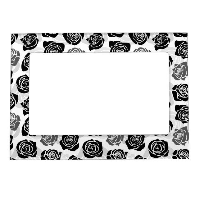 Modern Black Gray White Rose Flower Pattern Magnetic Photo Frame (Front)