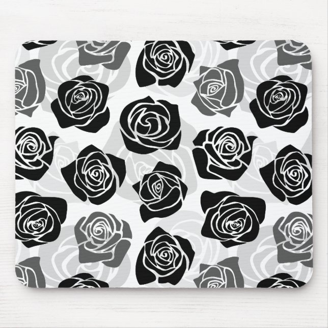 Modern Black Gray White Rose Flower Pattern Mouse Pad (Front)