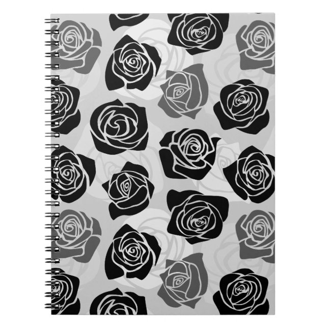 Modern Black Gray White Rose Flower Pattern Notebook (Front)