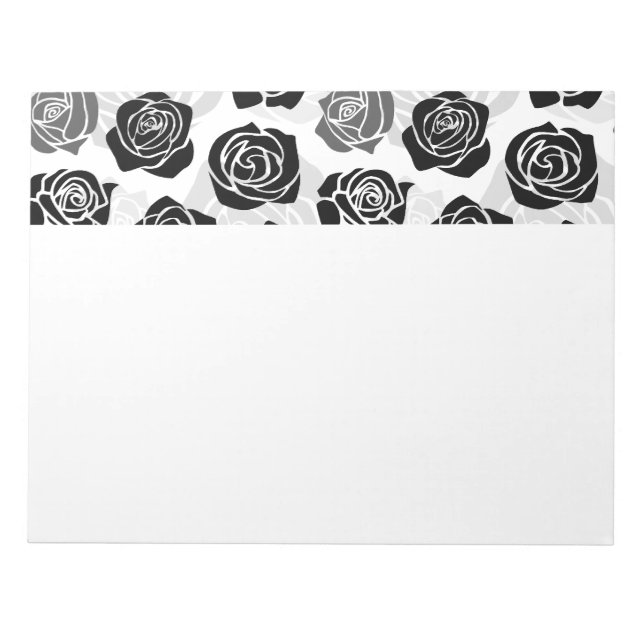 Modern Black Gray White Rose Flower Pattern Notepad (Front)