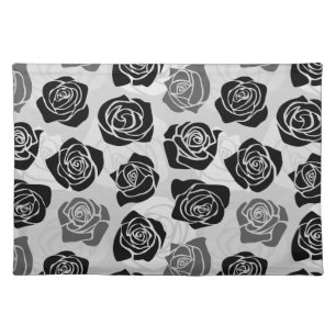 Modern Black Gray White Rose Flower Pattern Placemat