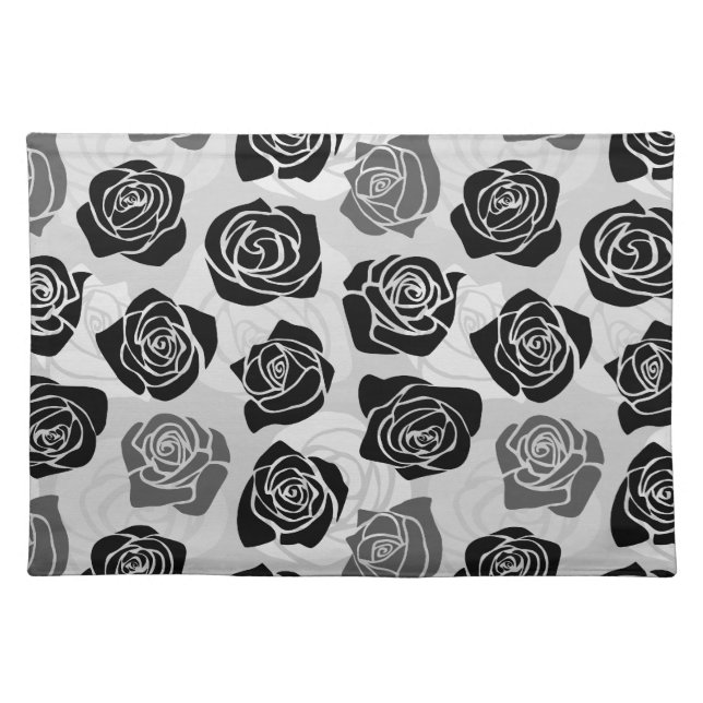 Modern Black Gray White Rose Flower Pattern Placemat (Front)