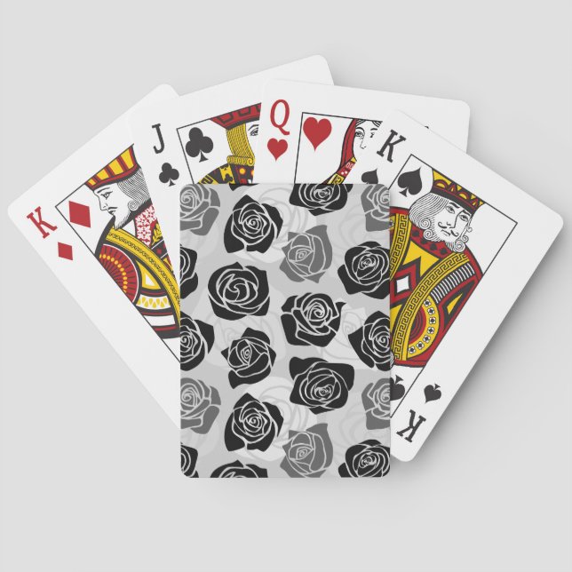 Modern Black Gray White Rose Flower Pattern Poker Cards (Back)