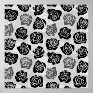 Modern Black Gray White Rose Flower Pattern Poster