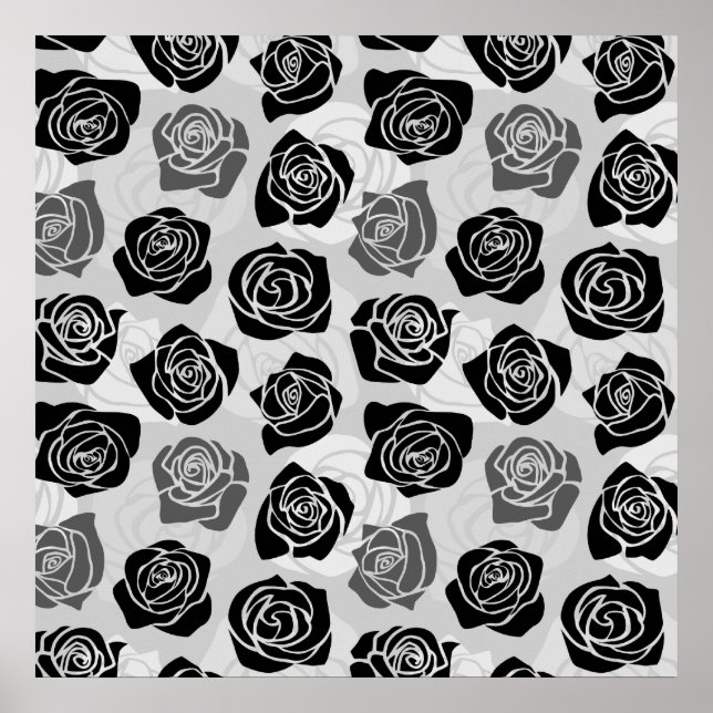 Modern Black Gray White Rose Flower Pattern Poster (Front)