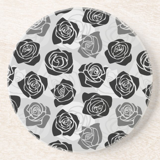 Modern Black Gray White Rose Flower Pattern Sandstone Coaster (Front)