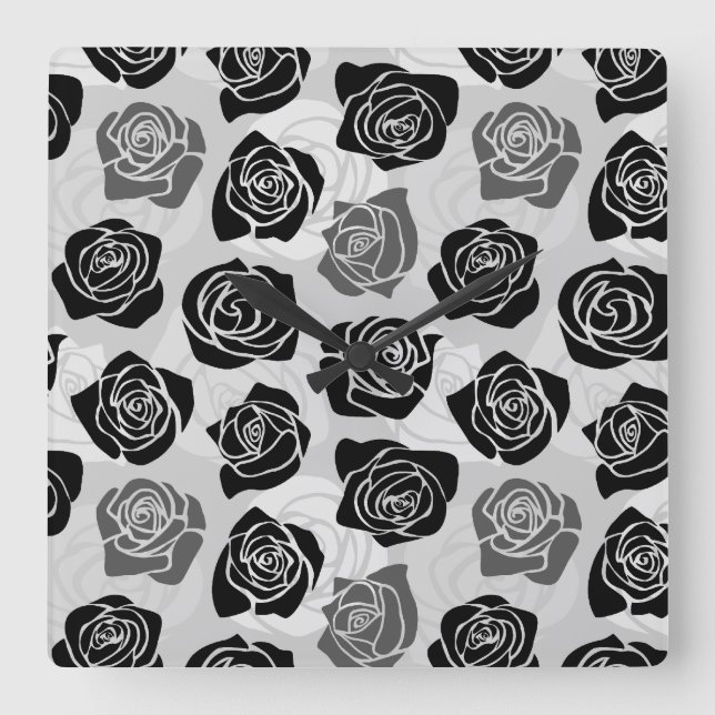 Modern Black Gray White Rose Flower Pattern Square Wall Clock (Front)