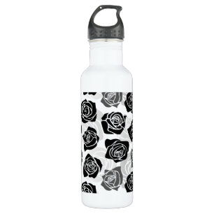 Modern Black Gray White Rose Flower Pattern Stainless Steel Water Bottle