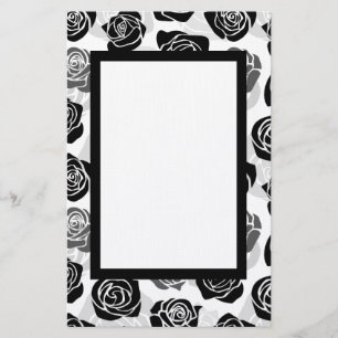 Modern Black Gray White Rose Flower Pattern Stationery