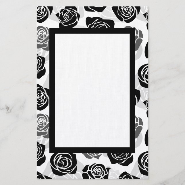 Modern Black Gray White Rose Flower Pattern Stationery (Front)