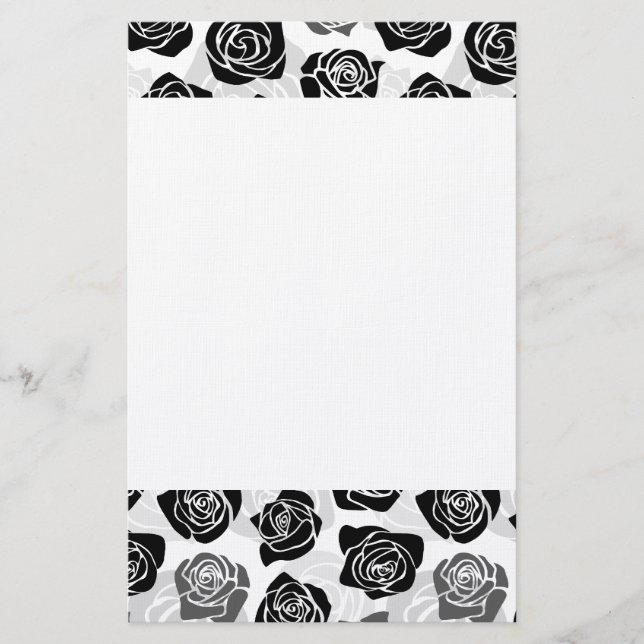 Modern Black Gray White Rose Flower Pattern Stationery (Front)