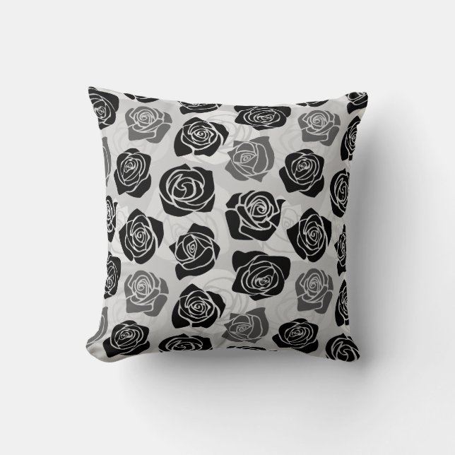 Modern Black Gray White Rose Flower Pattern Throw Pillow (Front)