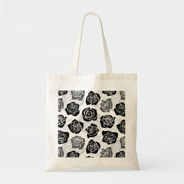 Modern Black Gray White Rose Flower Pattern Tote Bag (Front)