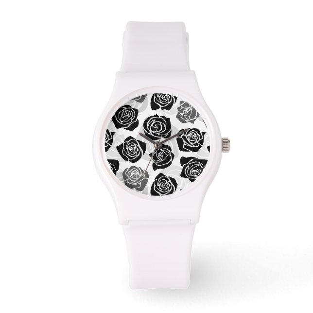 Modern Black Gray White Rose Flower Pattern Watch (Front)