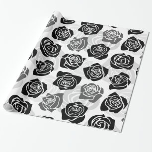 Modern Black Gray White Rose Flower Pattern Wrapping Paper