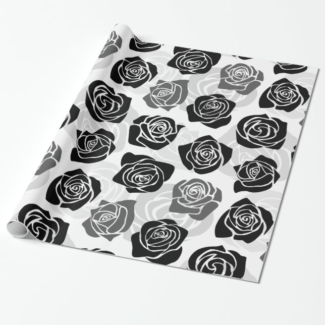 Modern Black Gray White Rose Flower Pattern Wrapping Paper (Unrolled)