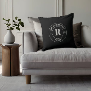 Modern Black Grayish Stamp Family Monogram Throw Pillow
