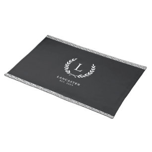 Modern Black Greek Key Border Monogram Name Chic Cloth Placemat
