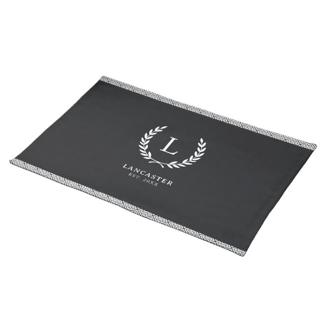 Modern Black Greek Key Border Monogram Name Chic Cloth Placemat (On Table)