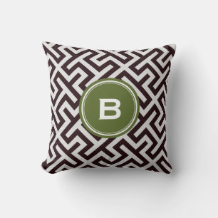 Modern black greek key geometric pattern monogram throw pillow