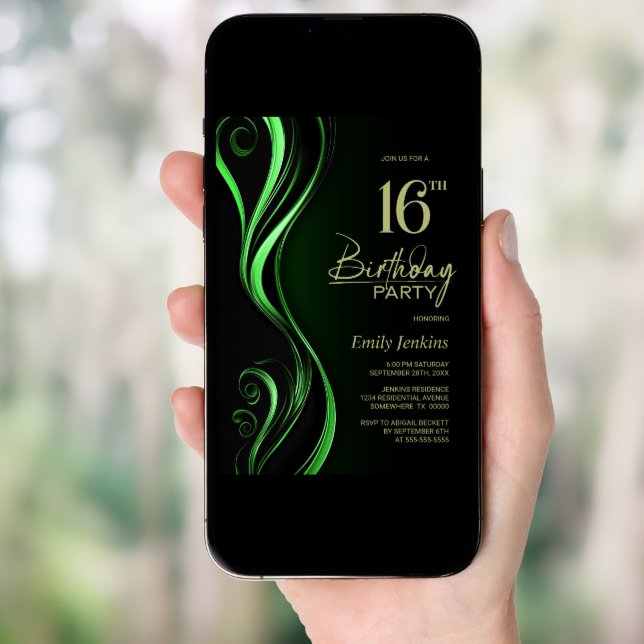 Modern Black Green 16th Birthday Party Invitation (Front Digital)