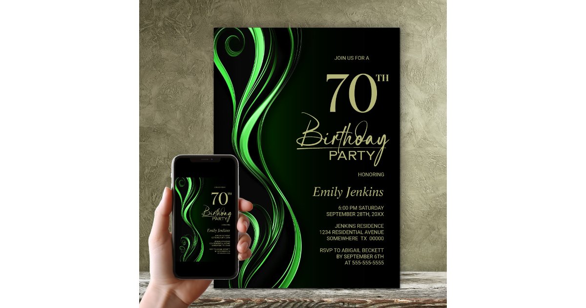 Modern Black Green 70th Birthday Party Invitation | Zazzle