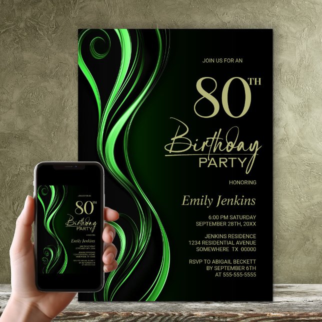 Modern Black Green 80th Birthday Party Invitation (Creator Uploaded)
