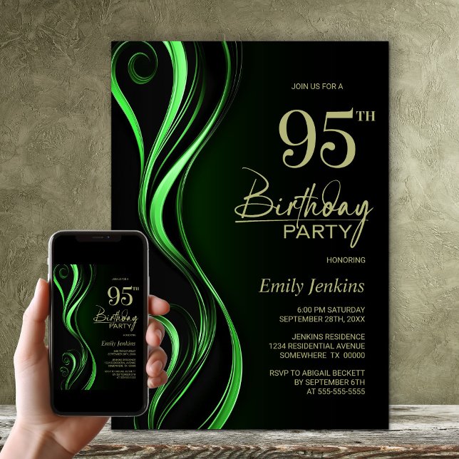 Modern Black Green 95th Birthday Party Invitation (Creator Uploaded)
