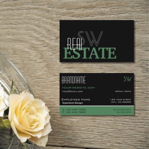 Modern Black Green and White Simple with Monogram Business Card