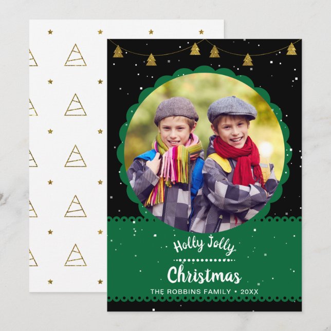 Modern Black Green Holly Jolly Christmas Photo Holiday Card (Front/Back)