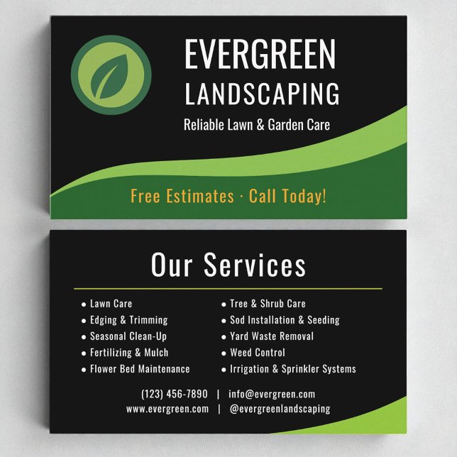 Modern Black Green Landscaping Lawn Care Business Card (Creator Uploaded)