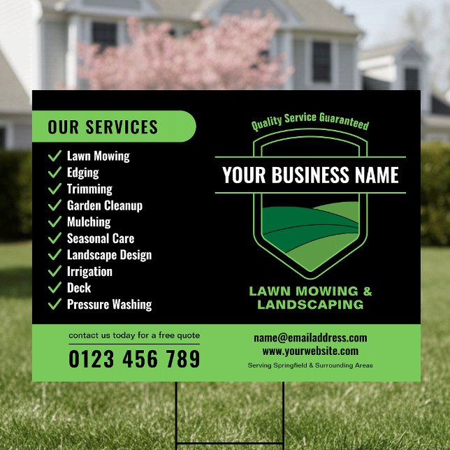 Modern Black & Green Landscaping Lawn Mowing Sign (Create professional marketing signs for your landscaping business using this black & green design)