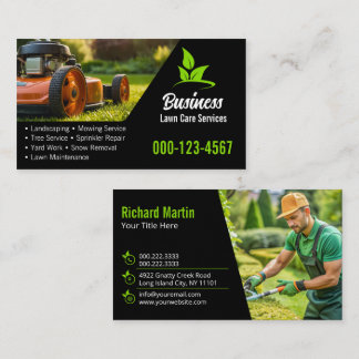Modern Black Green Lawn Mowing Landscaping Business Card