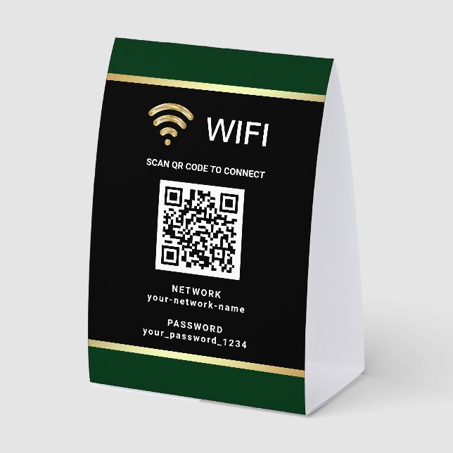 Modern Black Green QR Code Wifi Network Password Paper Table Tent (Front)