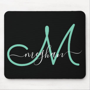 Modern Black Green Script Name Monogram Script Mou Mouse Pad