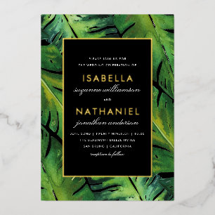 Modern Black & Green Tropical Leaves Wedding Foil Invitation
