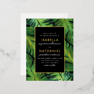 Modern Black & Green Tropical Leaves Wedding Foil Invitation Postcard