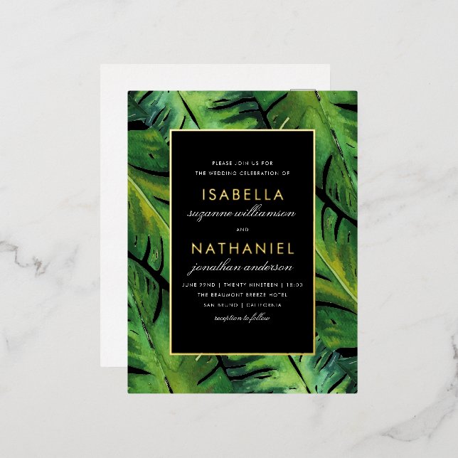 Modern Black & Green Tropical Leaves Wedding Foil Invitation Postcard (Front/Back)