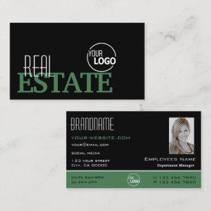 Modern Black Green White Simple Logo and Photo Business Card
