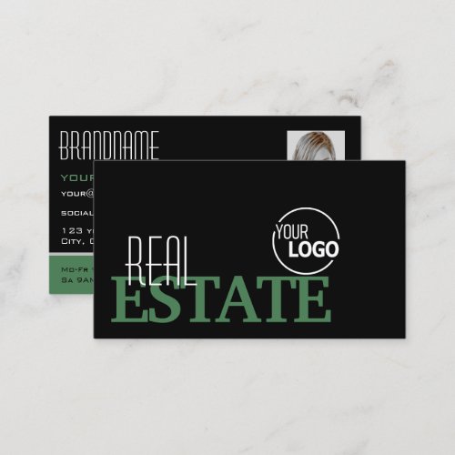 Modern Black Green White Simple Logo and Photo Business Card