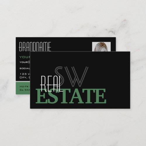 Modern Black Green White with Monogram and Photo Business Card
