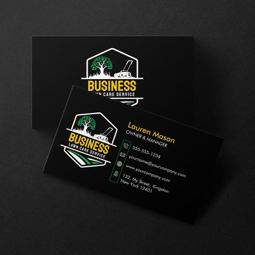 Modern Black Green Yellow Lawn Care Mow Landscape Business Card